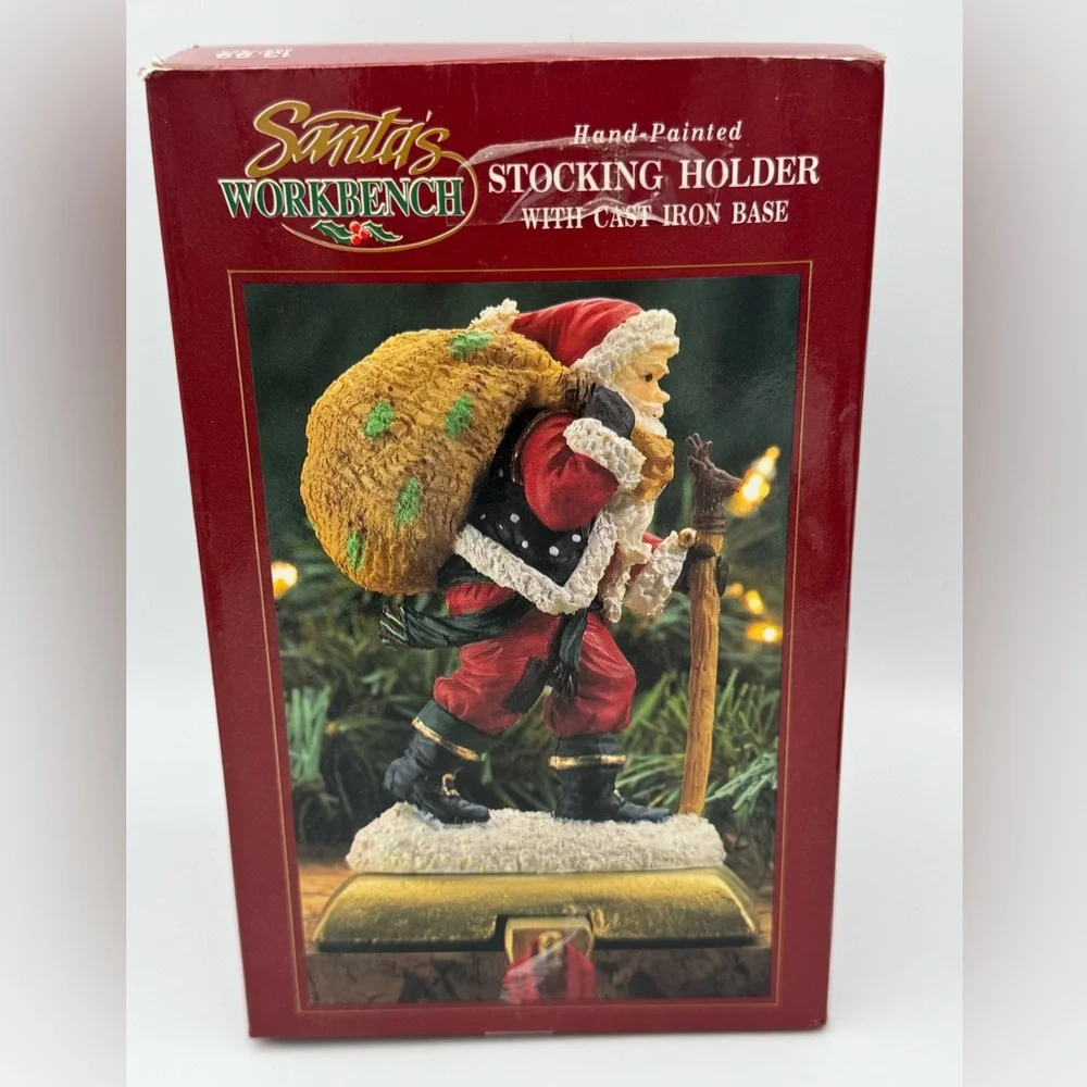 Vintage Santa’s Workbench Hiking Santa Stocking Holder Hand Painted Cast‎ Iron